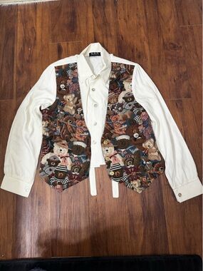 Vintage Cream Button-Up Shirt with Multicolor Teddy Print Vest